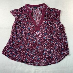 Lucky Brand Womens Floral Split Neck Boho Blouse Burgundy Blue Cap Sleeve Small